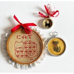 Vintage Cat Cross Stitch In Circle Frames. 3 Total.